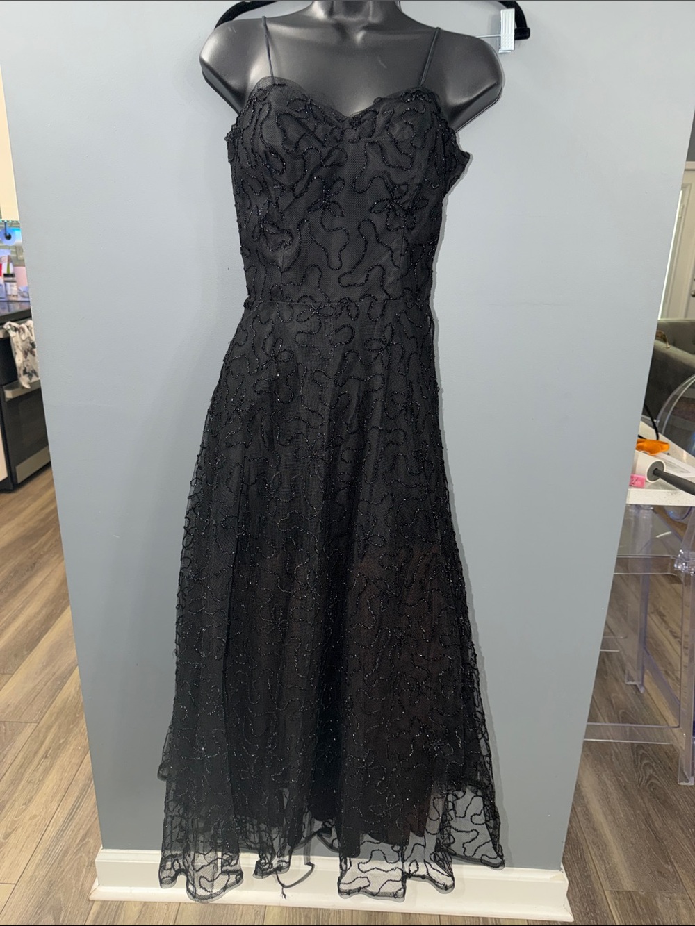 Harry Keiser Vintage 50s/60s Black Strapless beaded taffeta Dress. Prom, evening